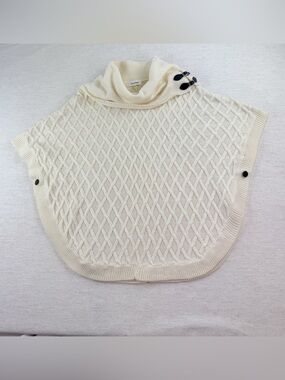 Calvin Klein Cream Cable-Knit Turtleneck Poncho cape with Button Details women S